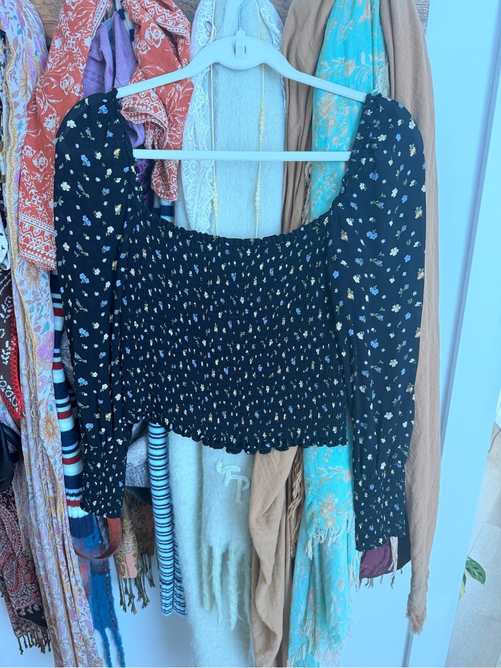 Reformation Floral Smocked Long-Sleeve Crop Top